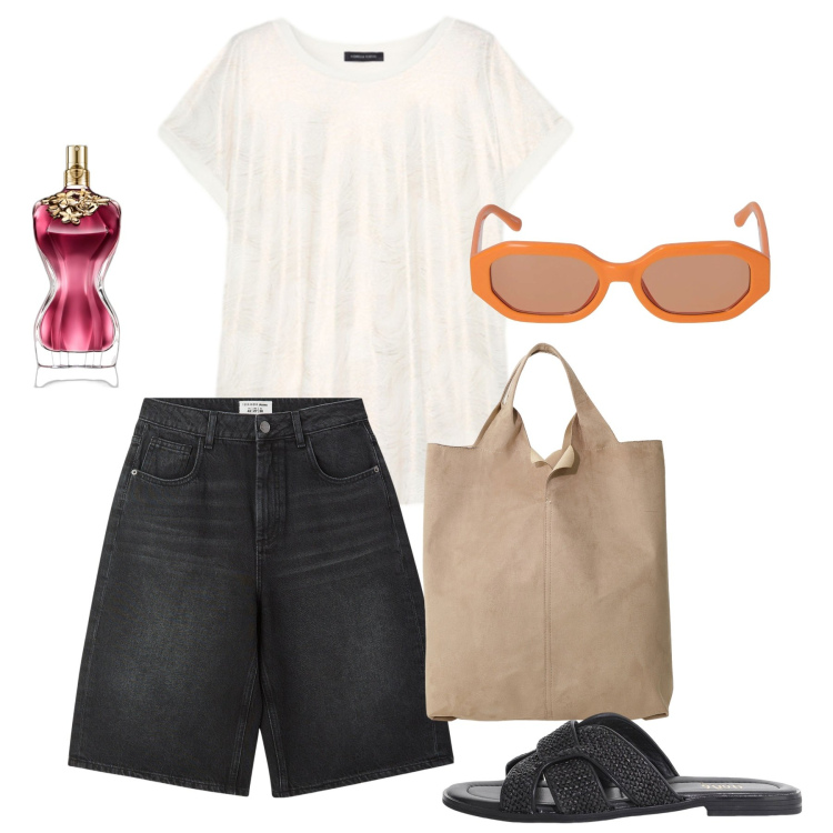 Outfit donna - Giugno. Stile Casual chic per Tutti i giorni. Abbinamento con profumi, bermuda, shopping bag, sandali, bluse, occhiali da sole.