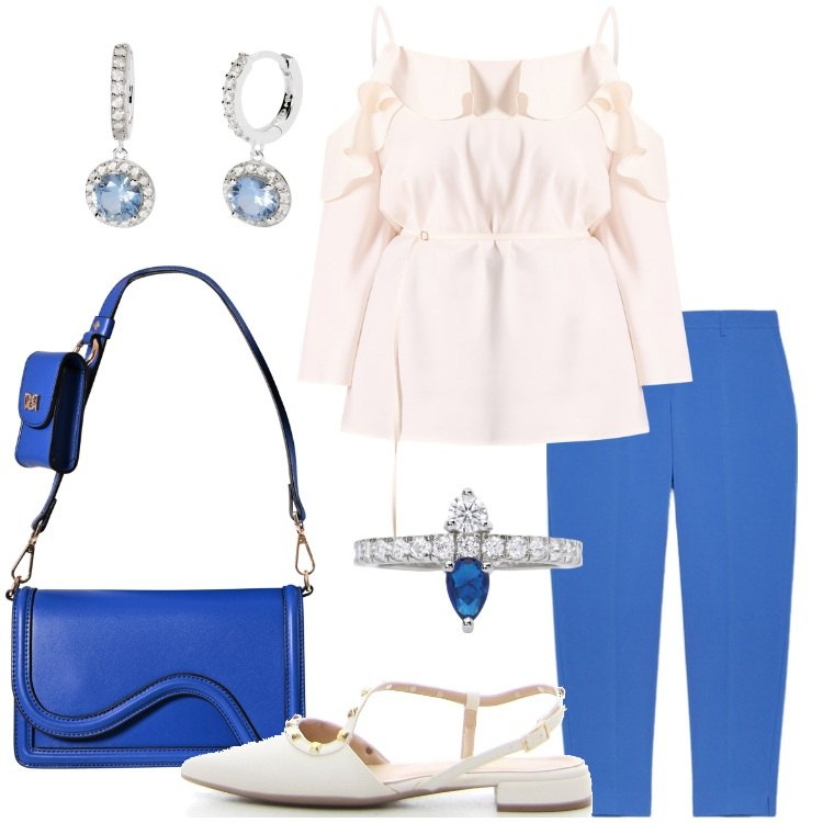 Outfit donna - Sensuale e raffinata - Focus Donna Curvy. Stile Romantica per Serata fuori. Abbinamento con anelli, orecchini, pochette, bluse, pantaloni chino, sandali in pelle.