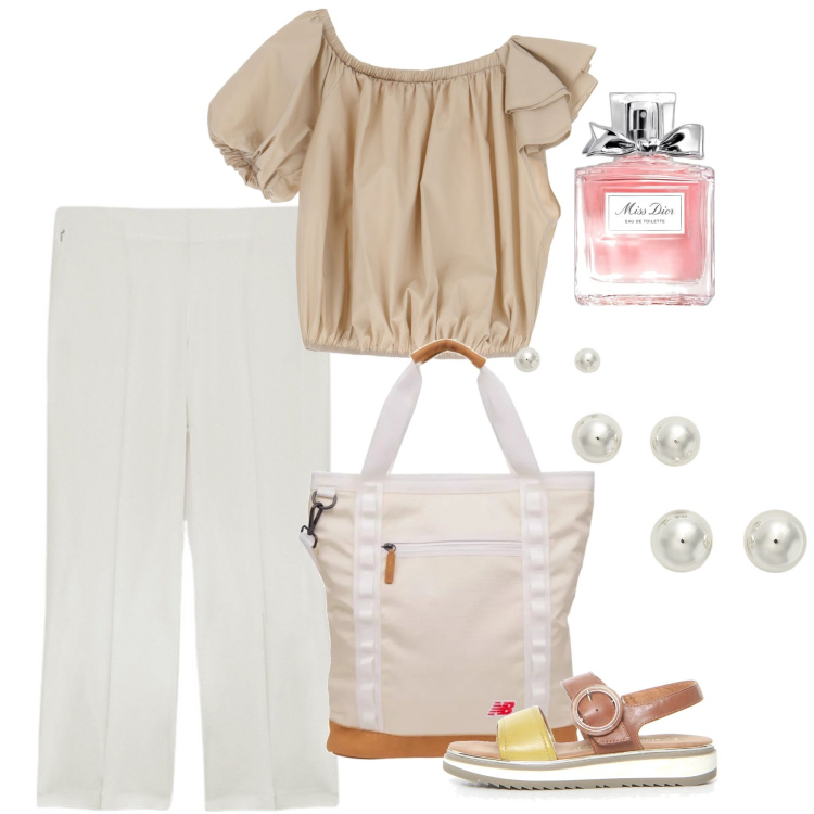 Outfit donna - Giugno. Stile Bon Ton per Tutti i giorni. Abbinamento con profumi, shopping bag, top, orecchini, pantaloni, sandali.