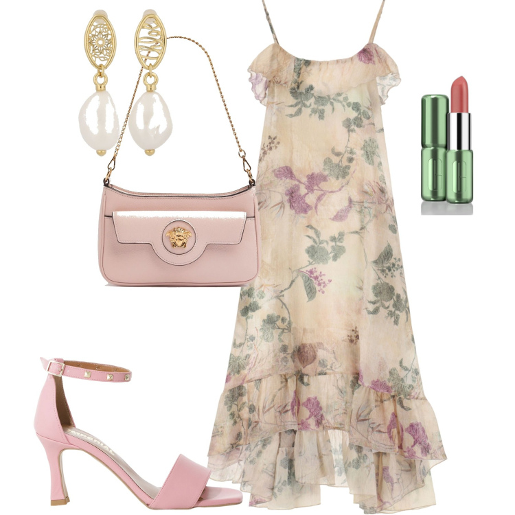 Outfit donna - Serata. Stile Romantica per Serata fuori. Abbinamento con rossetti, sandali col tacco, vestiti lunghi, borse a spalla, orecchini.