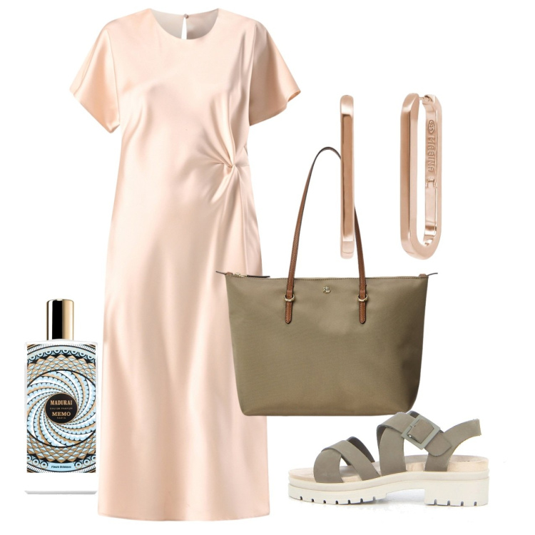 Outfit donna - Giugno. Stile Bon Ton per Ufficio. Abbinamento con profumi, orecchini, vestiti midi/longuette, borse tote, sandali.