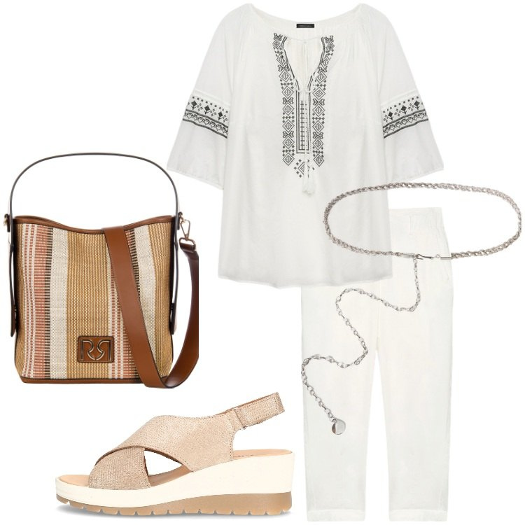 Outfit donna - Bianco curvy power. Stile Etnico per Tutti i giorni. Abbinamento con borse a secchiello, bluse, sandali col tacco, cinture, pantaloni.