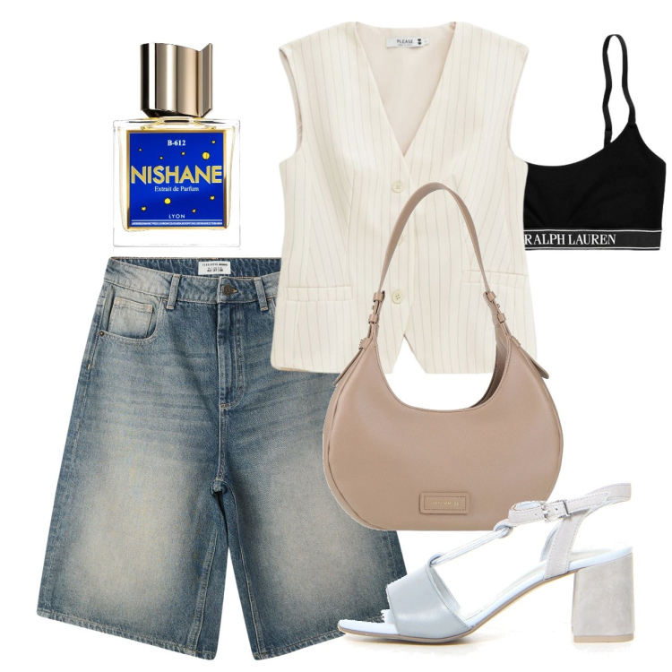 Outfit donna - Giugno. Stile Casual chic per Tutti i giorni. Abbinamento con borse a spalla, profumi, bermuda, gilet, canottiere, sandali col tacco.