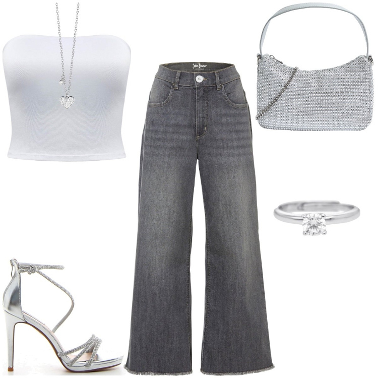 Outfit donna - disco🪩. Stile Casual chic per Serata fuori. Abbinamento con jeans, borse a tracolla, top, collane, anelli, sandali col tacco.