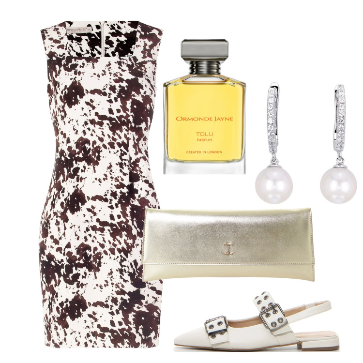 Outfit donna - Cerimonia inattesa. Stile Chic per Cerimonia. Abbinamento con profumi, orecchini, pochette, vestiti a tubino, décolleté.