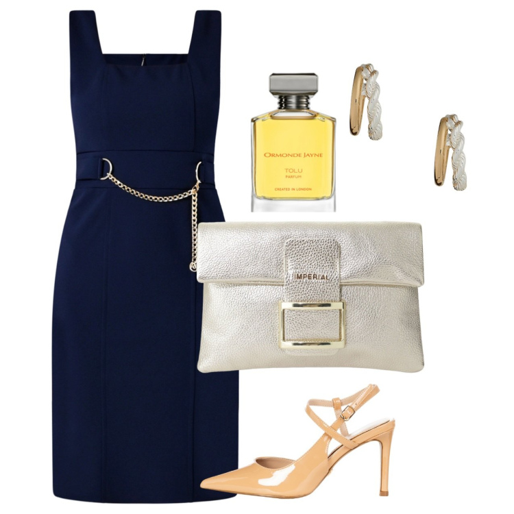 Outfit donna - Chic. Stile Chic per Serata fuori. Abbinamento con vestiti a tubino, décolleté, profumi, pochette, orecchini.