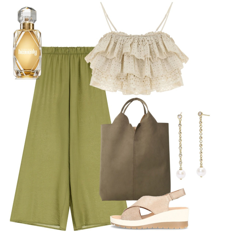 Outfit donna - Giugno. Stile Bon Ton per Tutti i giorni. Abbinamento con profumi, orecchini, top, pantaloni, shopping bag, sandali col tacco.