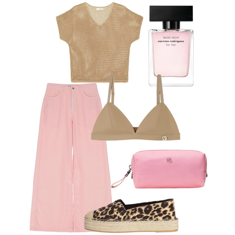 Outfit donna - Tenue. Stile Bon Ton per Tutti i giorni. Abbinamento con profumi, espadrillas, maglieria, reggiseni, pantaloni, pochette.