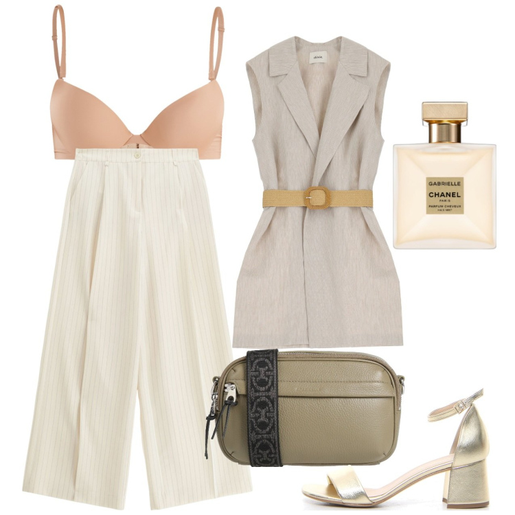 Outfit donna - Avorio. Stile Chic per Tutti i giorni. Abbinamento con borse a tracolla, profumi, reggiseni push-up, pantaloni a palazzo, gilet, sandali col tacco.