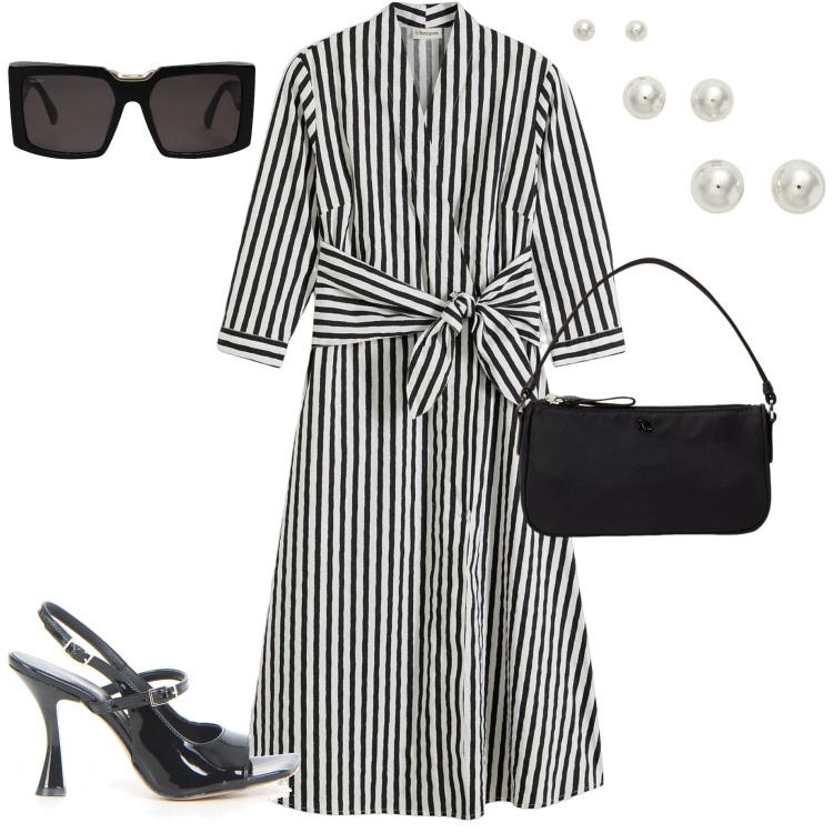 Outfit donna - Riunione di lavoro. Stile Casual chic per Ufficio. Abbinamento con vestiti midi/longuette, occhiali da sole, orecchini, pochette, sandali col tacco.