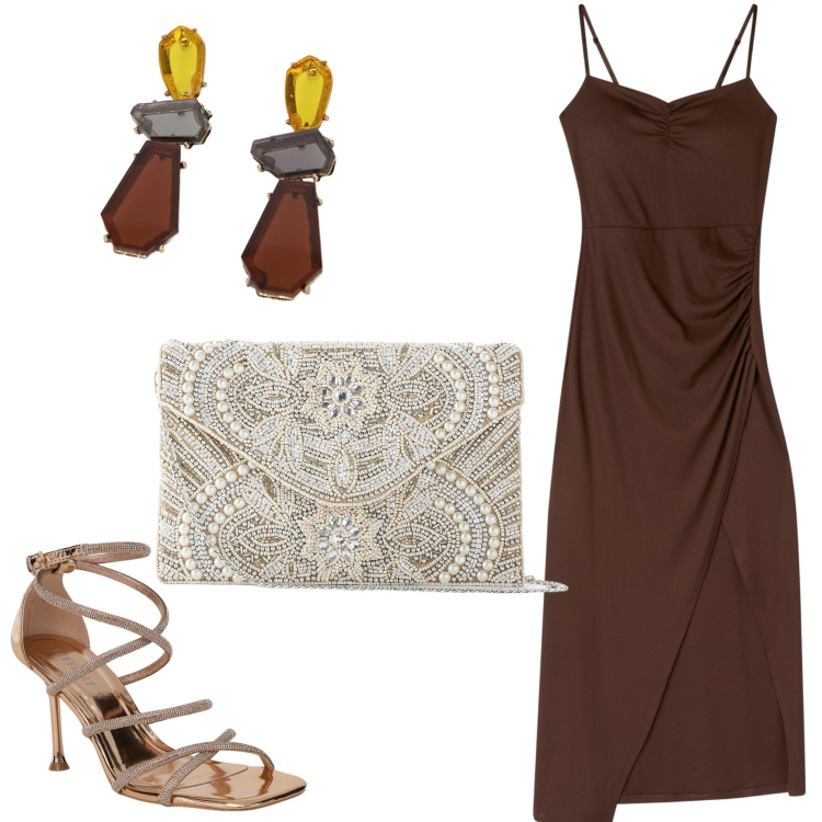 Outfit donna - Cerimonia a giugno. Stile Chic per Cerimonia. Abbinamento con pochette, sandali col tacco, vestiti lunghi, orecchini.
