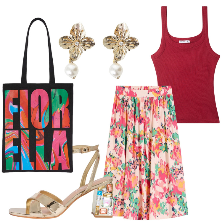 Outfit donna - Fiorin fiorella. Stile Urban per Tutti i giorni. Abbinamento con gonne longuette, canottiere, sandali gioiello, orecchini, borse tote.