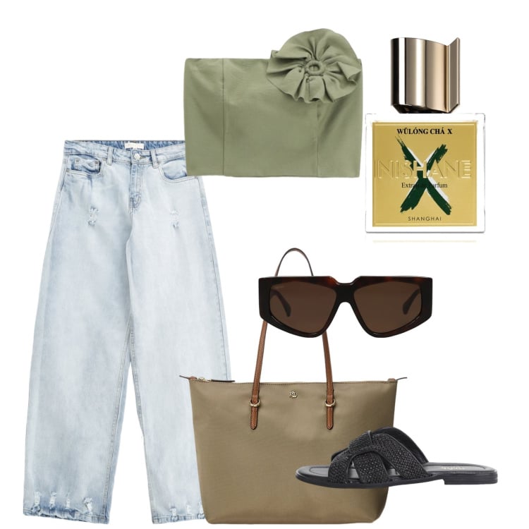 Outfit donna - Giugno. Stile Casual chic per Tutti i giorni. Abbinamento con occhiali da sole, profumi, jeans, top, sandali, borse tote.