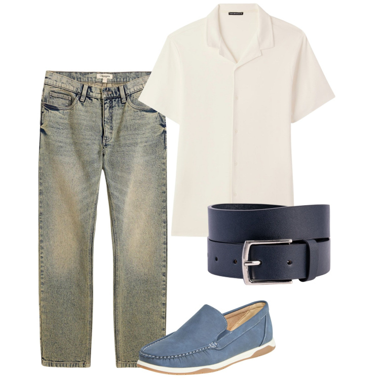 Outfit uomo - Giugno. Stile Casual per Tutti i giorni. Abbinamento con jeans dritti, scarpe stringate, camicie a manica corta, cinture.