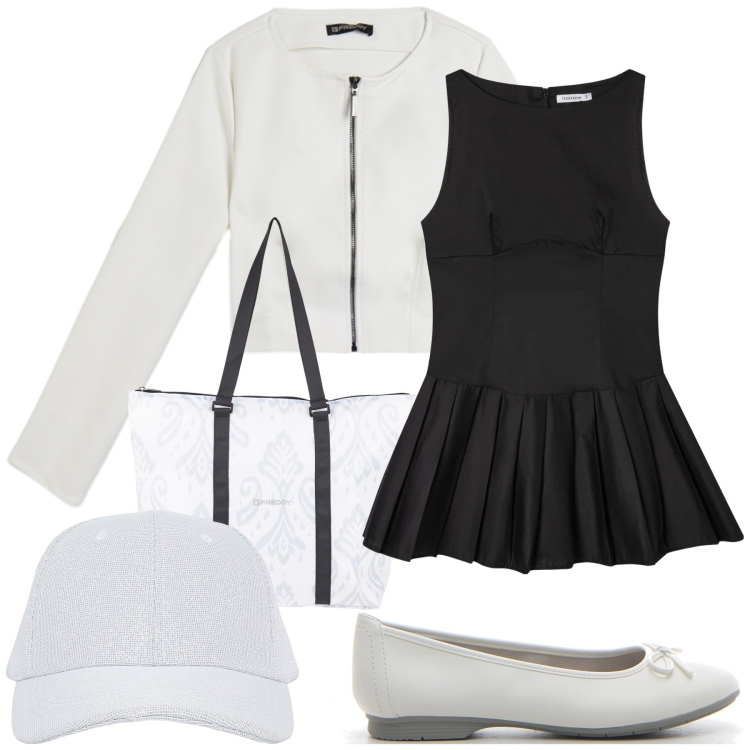 Outfit donna - Originale. Stile Bon Ton per Tutti i giorni. Abbinamento con cappelli con visiera, vestiti senza maniche, shopping bag, giacche, ballerine.