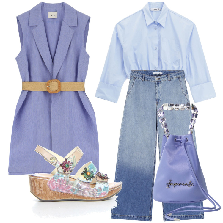 Outfit donna - Pranzo con amici. Stile Trendy per Tutti i giorni. Abbinamento con jeans, camicie, borse a secchiello, gilet, sandali.