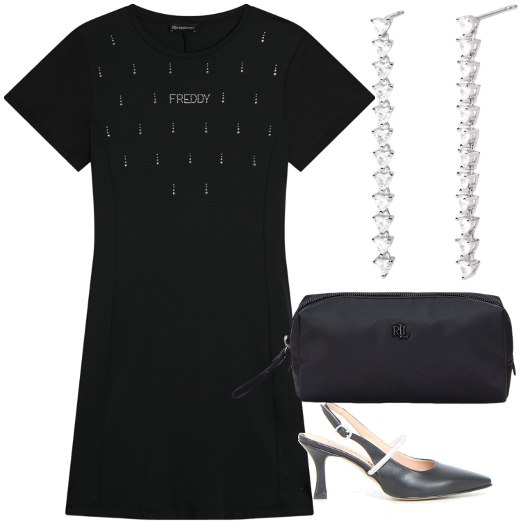 Outfit donna - Luce sul tshirt dress. Stile Trendy per Serata fuori. Abbinamento con orecchini, vestiti, pochette, décolleté.