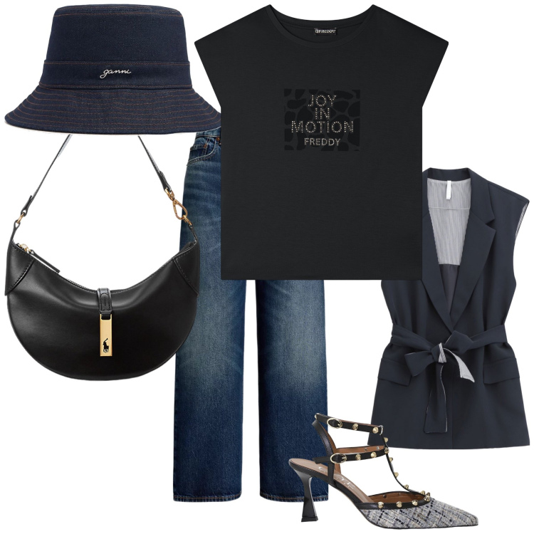 Outfit donna - Città. Stile Urban per Tutti i giorni. Abbinamento con gilet, t-shirt, décolleté, borse a spalla, jeans, cappelli.