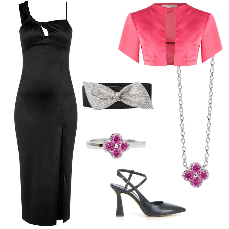 Outfit donna - L\'abito monospalla ... così sembra. Stile Chic per Serata fuori. Abbinamento con anelli, collane, bolero, vestiti, cinture, sandali col tacco.