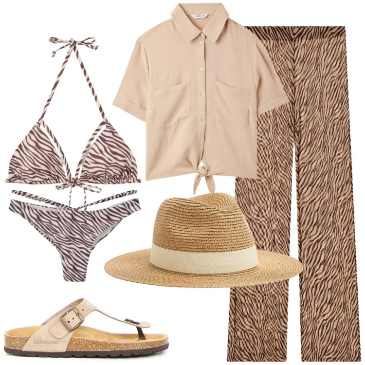 Outfit donna - Primo giorno di mare. Stile Basic per Mare. Abbinamento con bikini, cappelli, camicie a manica corta, vestiti da spiaggia, bikini, infradito.