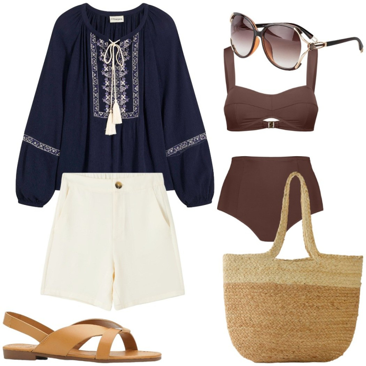 Outfit donna - Capri. Stile Casual chic per Mare. Abbinamento con sandali, occhiali da sole, shopping bag, bluse, bermuda, bikini.