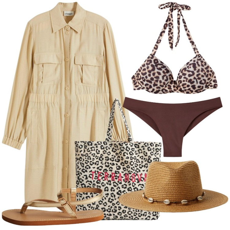 Outfit donna - Chemisier come copri costume. Stile Etnico per Mare. Abbinamento con vestiti chemisier, cappelli, shopping bag, ciabatte, bikini, bikini.