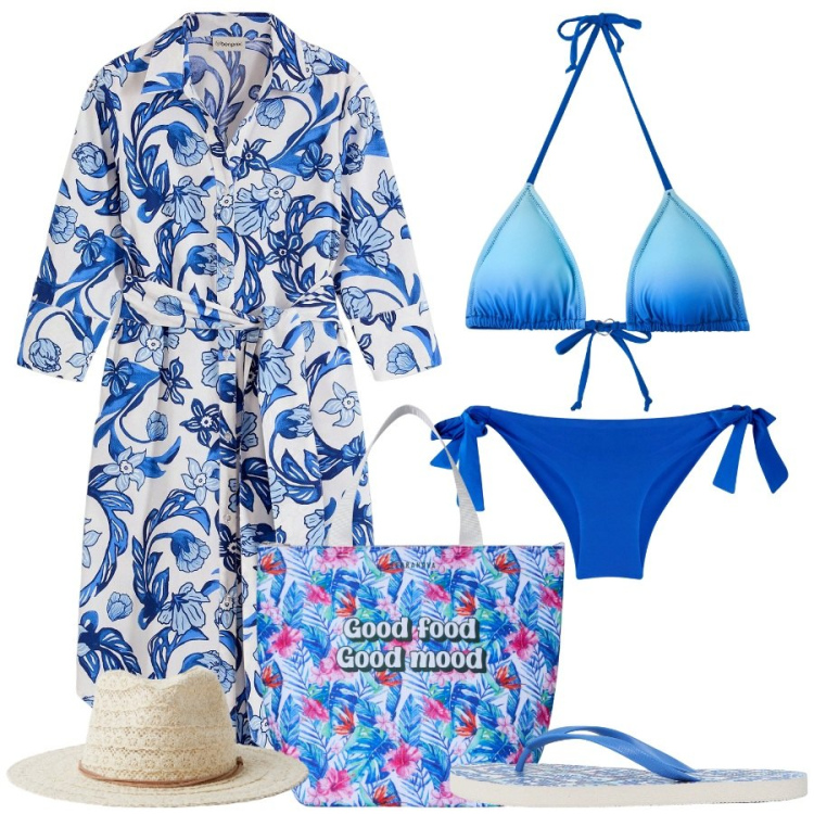 Outfit donna - Chemisier sopra il costume. Stile Basic per Mare. Abbinamento con vestiti chemisier, infradito, bikini, cappelli, bikini, borse tote.