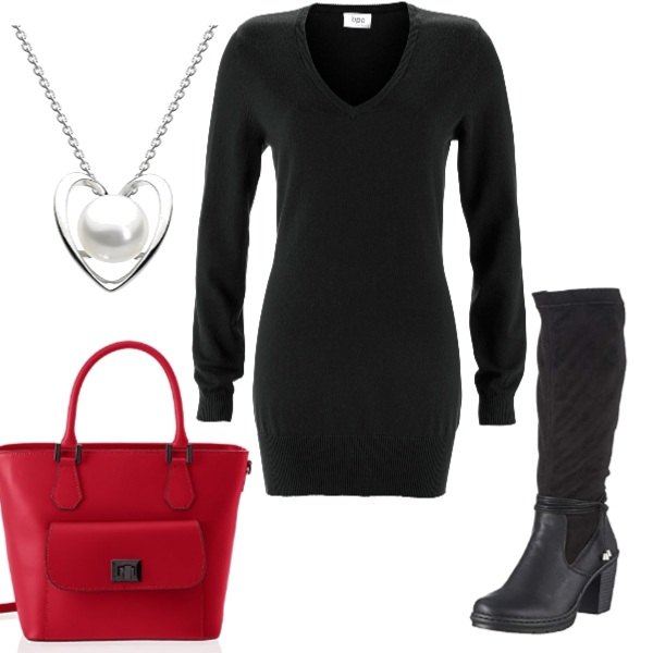 Outfit donna - Comoda con grinta. Stile Rock per Ufficio. Abbinamento con maglieria, stivali nero, shopping bag rosso, collana con ciondolo effetto lucido con perle e catenina argento.