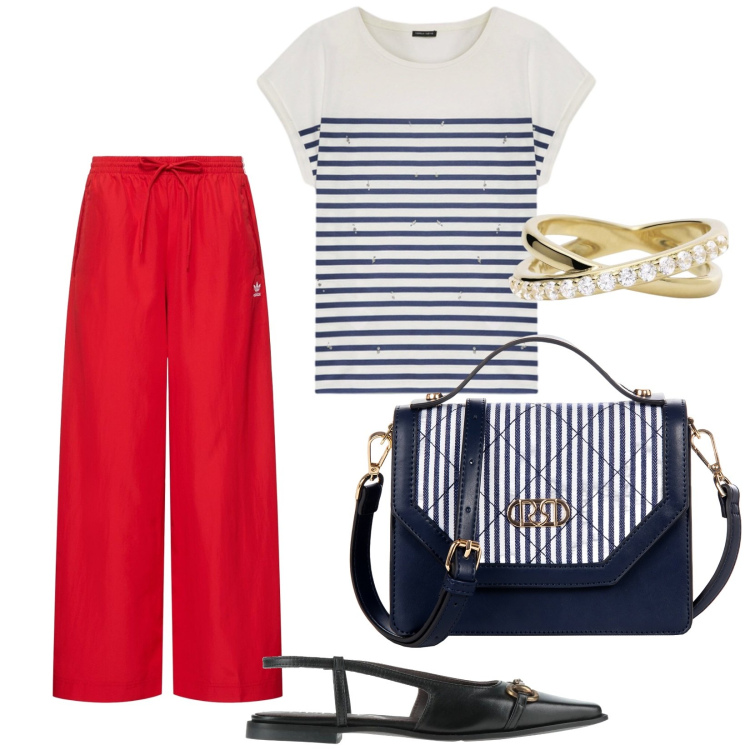Outfit donna - Le righe. per Ufficio. Abbinamento con ballerine, anelli, borse a mano, t-shirt, pantaloni.