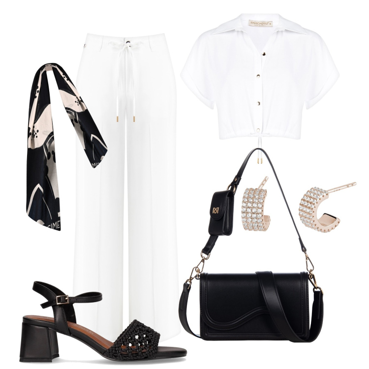 Outfit donna - Completo bianco di sera. Stile Casual chic per Serata fuori. Abbinamento con orecchini, pochette, sciarpe, pantaloni, camicie a manica corta, sandali col tacco.