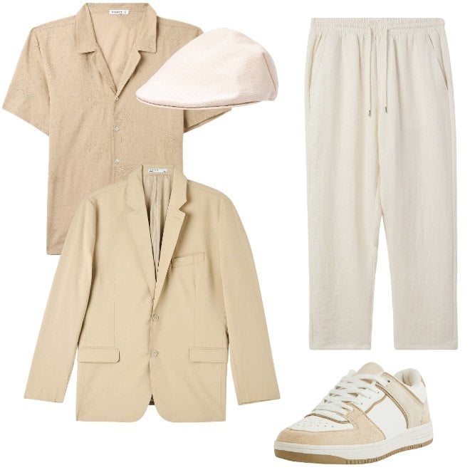 Outfit uomo - Cinque sfumature dal beige al panna. Stile Urban per Tutti i giorni. Abbinamento con camicie a manica corta, pantaloni, giacche, sneakers, cappelli e berretti.