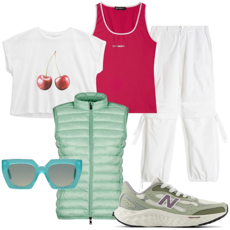 Outfit donna - Vacanze in montagna. Stile Sporty chic per Tutti i giorni. Abbinamento con occhiali da sole, sneakers, t-shirt, pantaloni cargo, canottiere, piumini.