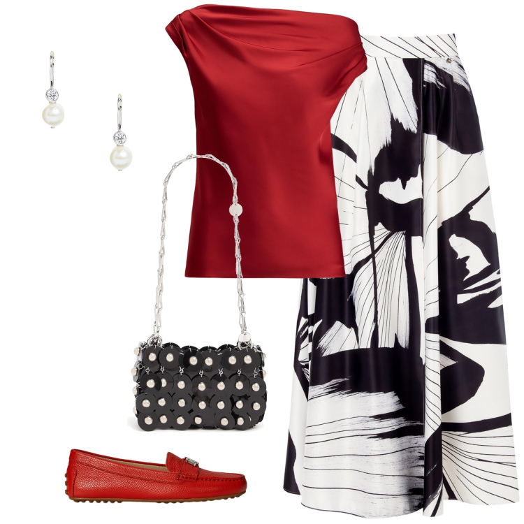 Outfit donna - Total look #2187869. Stile Chic per Serata fuori. Abbinamento con gonne lunghe, top, mocassini, orecchini, borse a spalla.