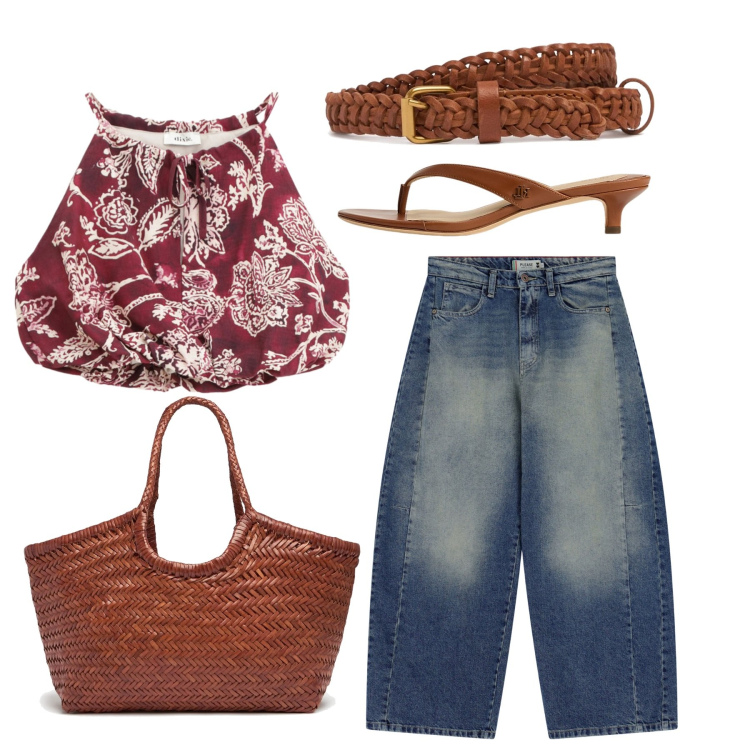 Outfit donna - Top pouf. Stile Casual chic per Tutti i giorni. Abbinamento con jeans, top, sandali in pelle, shopping bag, cinture.
