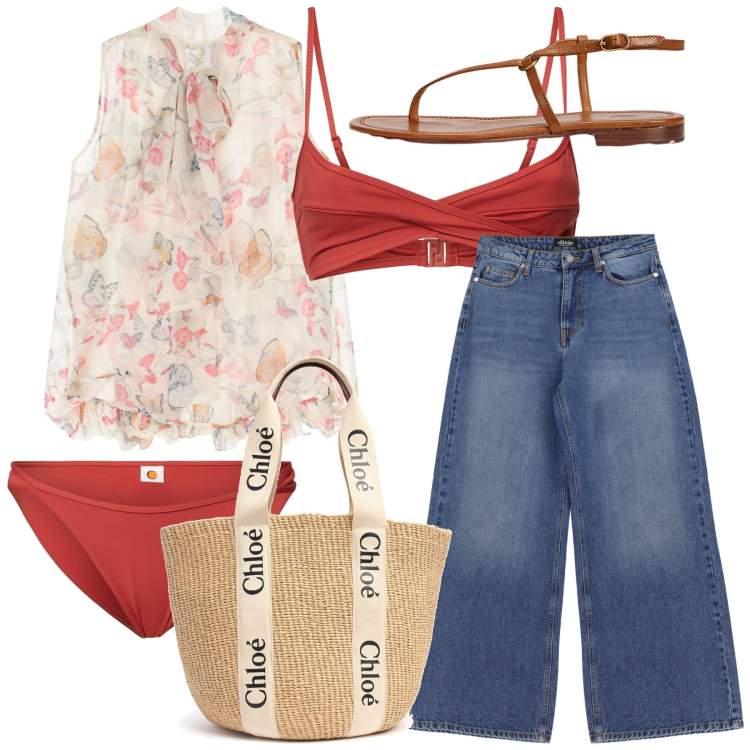 Outfit donna - Costume pronto. Stile Casual chic per Tutti i giorni. Abbinamento con camicie, jeans a zampa, sandali in pelle, shopping bag, bikini, bikini.