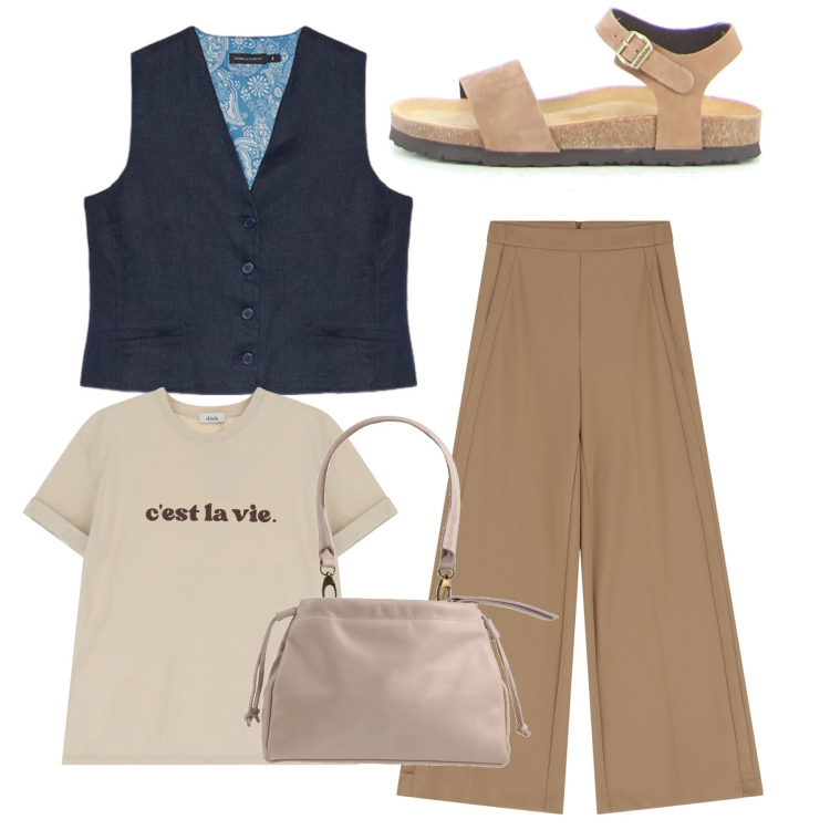 Outfit donna - Gilet. Stile Casual per Ufficio. Abbinamento con borse a mano, pantaloni a palazzo, t-shirt, gilet, sandali.