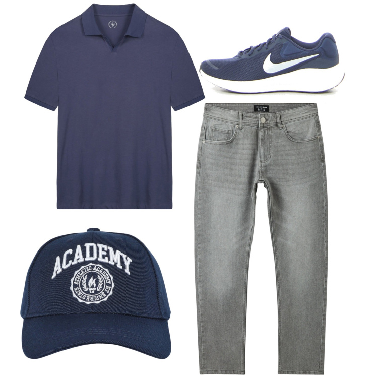 Outfit uomo - Alla partita. Stile Casual per Tutti i giorni. Abbinamento con jeans, cappelli con visiera, polo, sneakers.