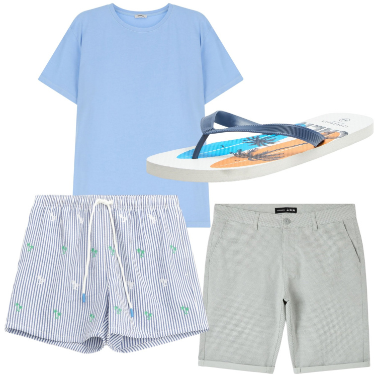 Outfit uomo - Mare. Stile Casual per Tutti i giorni. Abbinamento con shorts, sandali, costumi, t-shirt.
