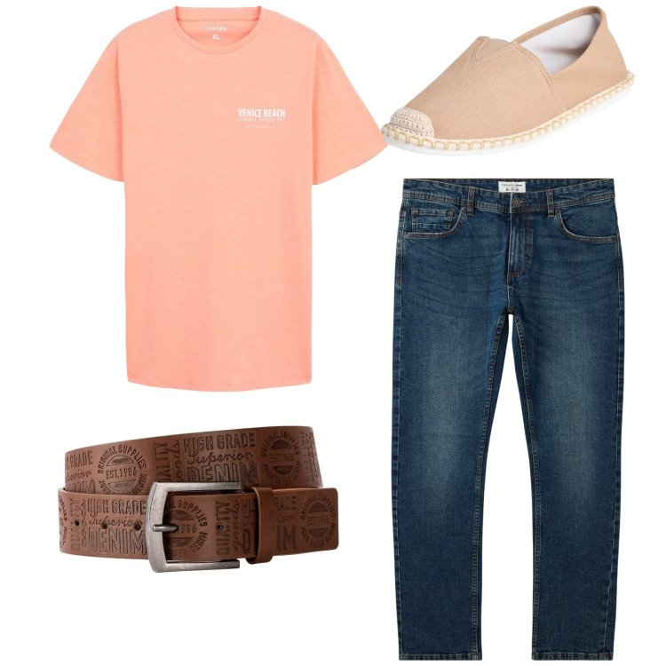 Outfit uomo - Casual. Stile Casual per Tutti i giorni. Abbinamento con cinture, espadrillas, jeans, t-shirt.