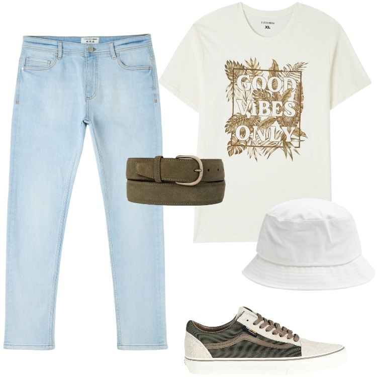 Outfit uomo - Total look #2187905. Stile Trendy per Tutti i giorni. Abbinamento con sneakers, jeans skinny, cappelli, t-shirt, cinture.