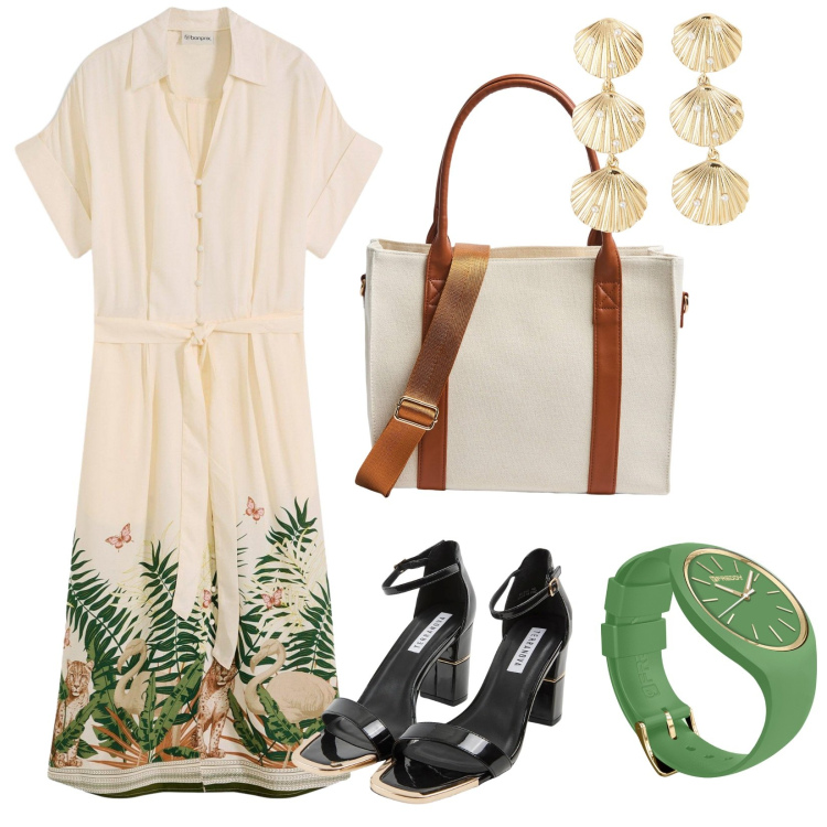 Outfit donna - Per tutti i giorni. per Tutti i giorni. Abbinamento con vestiti chemisier, sabot, orecchini, shopping bag, orologi.