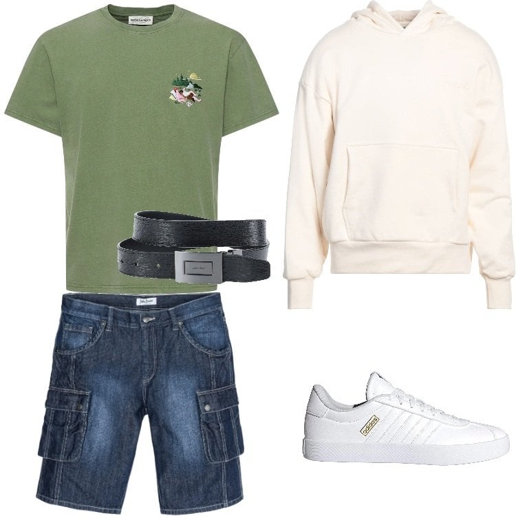 Outfit uomo - Total look #2187925. Stile Trendy per Tutti i giorni. Abbinamento con bermuda, felpe con cappuccio, cinture, sneakers, t-shirt.