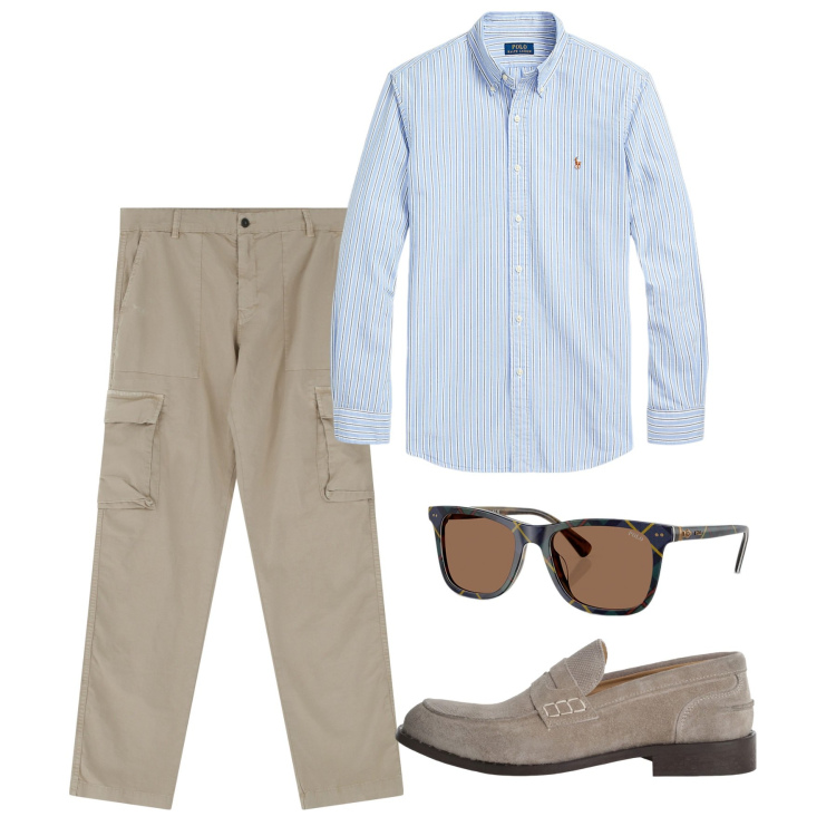 Outfit uomo - Giugno. Stile Casual per Tutti i giorni. Abbinamento con pantaloni cargo, scarpe stringate, camicie, occhiali da sole.