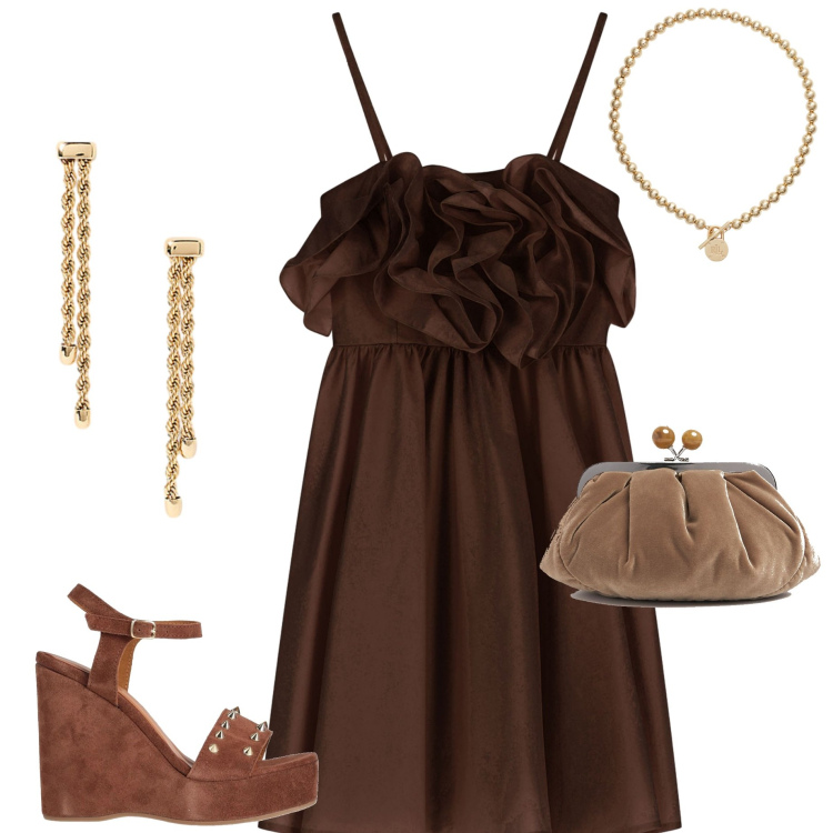 Outfit donna - Serata fuori. Stile Chic per Serata fuori. Abbinamento con sandali in pelle, vestiti corti, collane, orecchini, pochette.