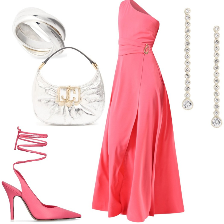 Outfit donna - Cerimonia elegante. Stile Glamour per Cerimonia. Abbinamento con vestiti asimmetrici, orecchini, décolleté, borse a mano, anelli.