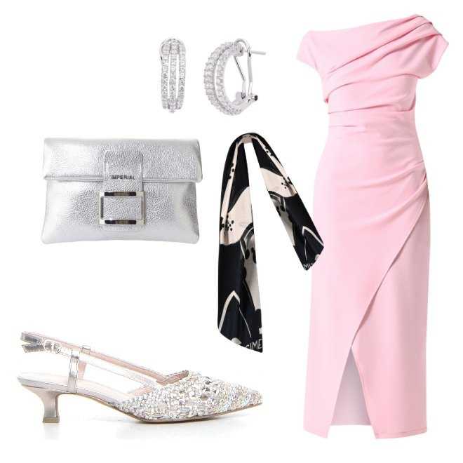 Outfit donna - Tubino rosa. Stile Vintage retrò per Serata fuori. Abbinamento con vestiti asimmetrici, sciarpe, orecchini, pochette, sandali col tacco.