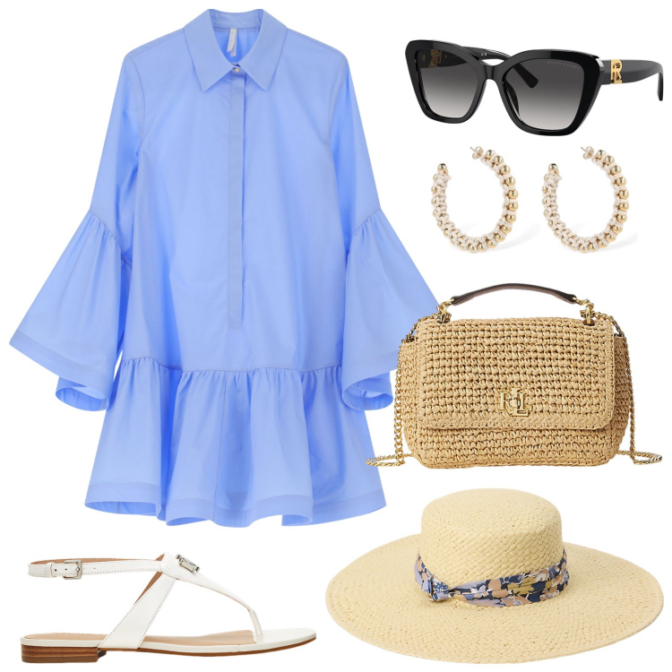 Outfit donna - Turista in città. Stile Casual chic per Tutti i giorni. Abbinamento con vestiti chemisier, occhiali da sole, borse a spalla, sandali in pelle, cappelli, orecchini.