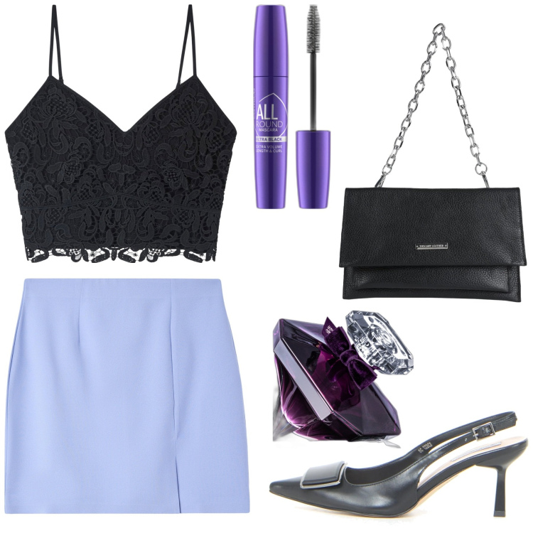 Outfit donna - Viola. Stile Trendy per Serata fuori. Abbinamento con borse a mano, mascara, profumi, top, minigonne, décolleté.