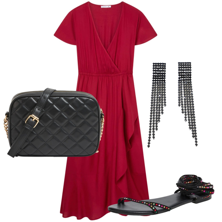 Outfit donna - Abito lungo terranova. Stile Casual per Serata fuori. Abbinamento con vestiti lunghi, sandali alla schiava, borse a tracolla, orecchini.