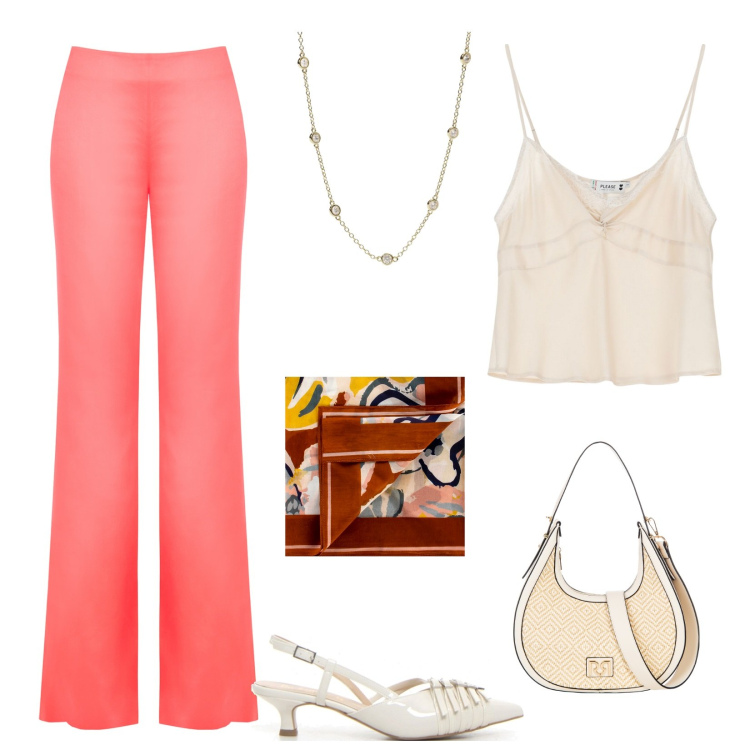 Outfit donna - Apericena in spiaggia. Stile Casual chic per Serata fuori. Abbinamento con collane, top, foulard, borse a mano, pantaloni, décolleté.